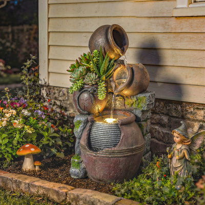 Outsunny Outdoor Fountain with 4-Tier Rustic Pots & Planter, Garden Fountain with LED Lights, Rustic Brown 