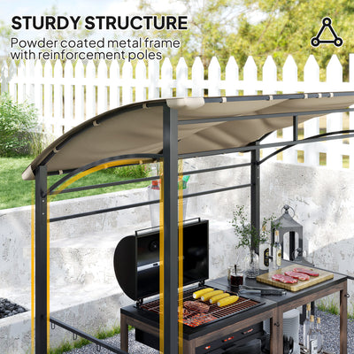 Outsunny 2.2 x 1.5 m BBQ Grill Gazebo Tent, Garden Grill with Metal Frame, Curved Canopy and 10 Hooks, Outdoor Sun Shade, Khaki 