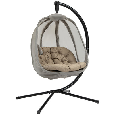 Outsunny Hanging Egg Chair, Folding Texteline Swing Hammock with Side Pocket, Cushion and Stand for Indoor Outdoor, Patio Garden Furniture, Khaki 