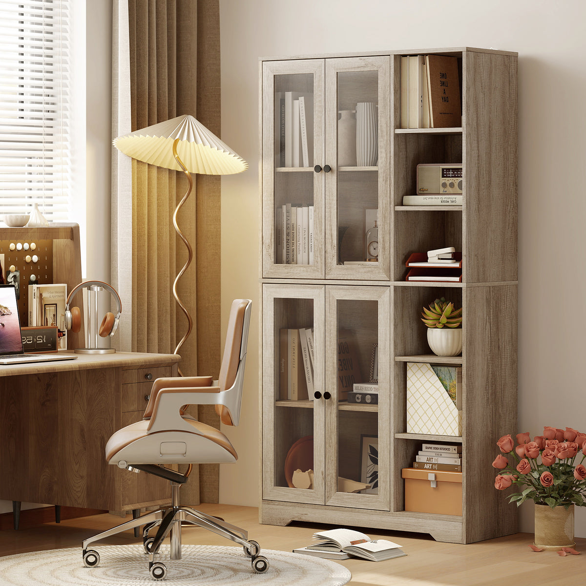HOMCOM Multi-Storage Kitchen Cabinet, with Glass Doors - Grey Wood-Effect 