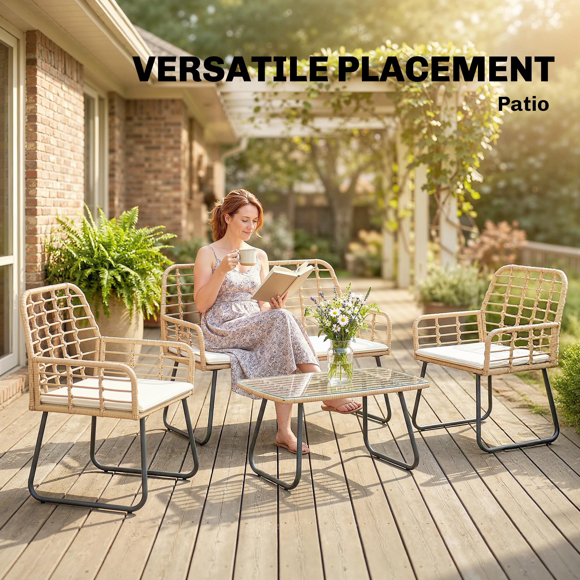 Outsunny 4 Piece Rattan Garden Furniture Set, Outdoor Patio Furniture with Loveseat, Armchairs and Coffee Table 