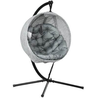 Outsunny Hanging Egg Chair Outdoor Indoor Garden Swing Chair with Folding Basket, Garden Hanging Chair with Stand, Thickened Cushion, Cup Holder for Patio, Balcony, Grey 