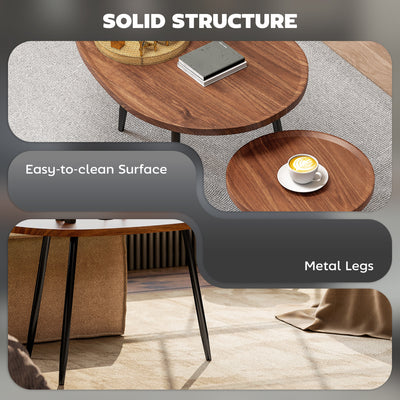 HOMCOM Nesting Coffee Table Set of 2, 80cm Modern Stacking End Side Table with Metal Legs for Living Room Bedroom Office, Chestnut Wood Effect 