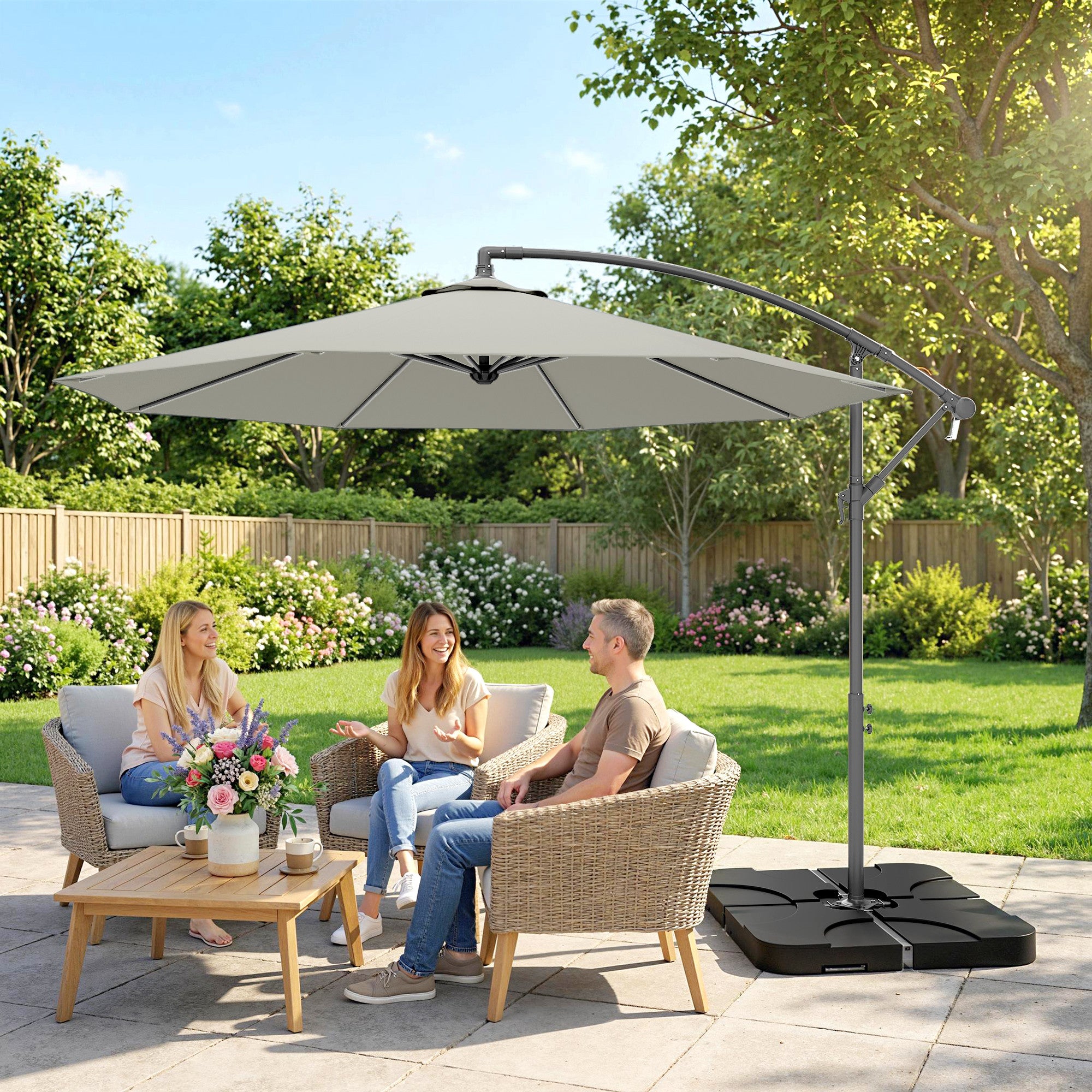 Outsunny 3m Overhanging Parasol, with Base, Weights and Cover - Light Grey 