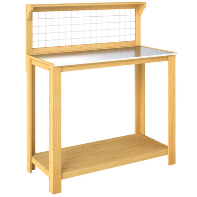 Outsunny Wooden Potting Bench Table with Aluminium Worktop, Outdoor Garden Workbench with 2 Shelves 