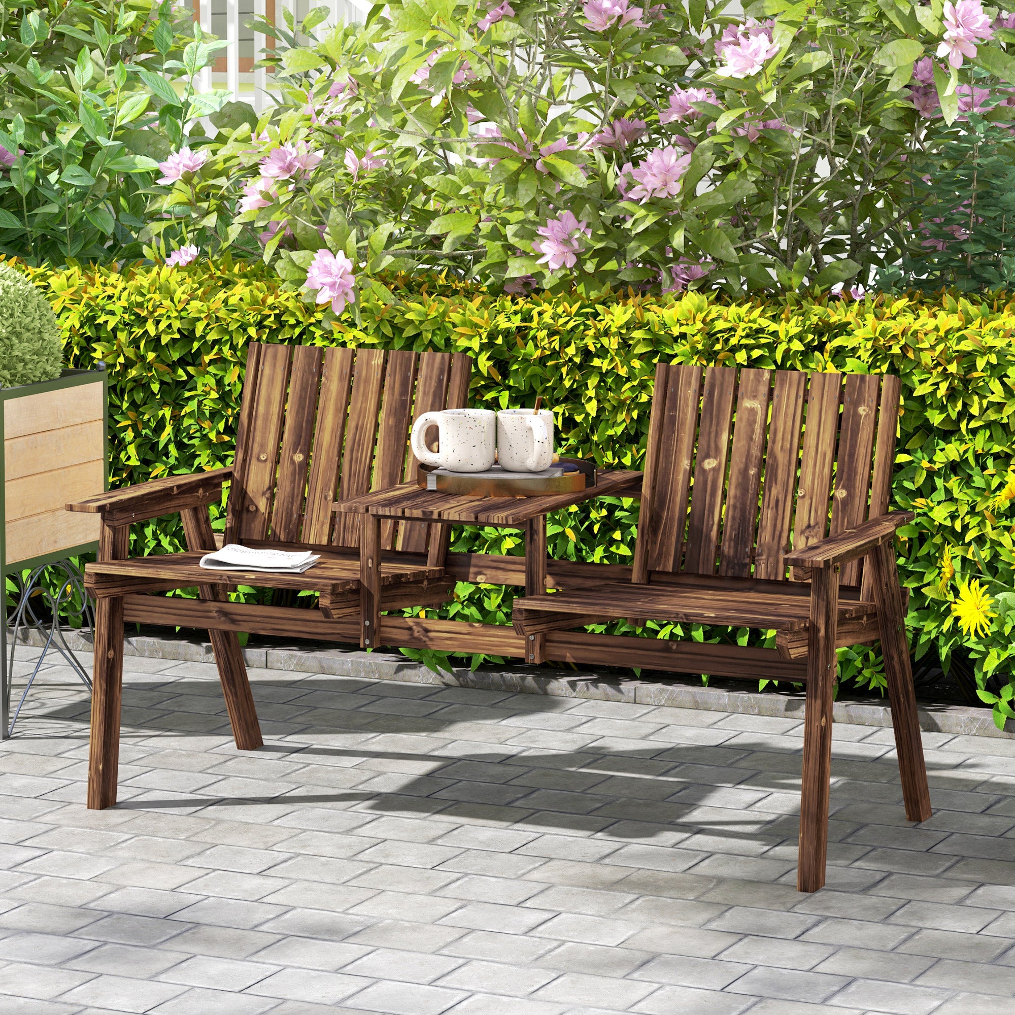 Outsunny 2-Seater Garden Bench with Table & Parasol Hole, Antique Loveseat for Porch, Patio, Carbonised Finish 