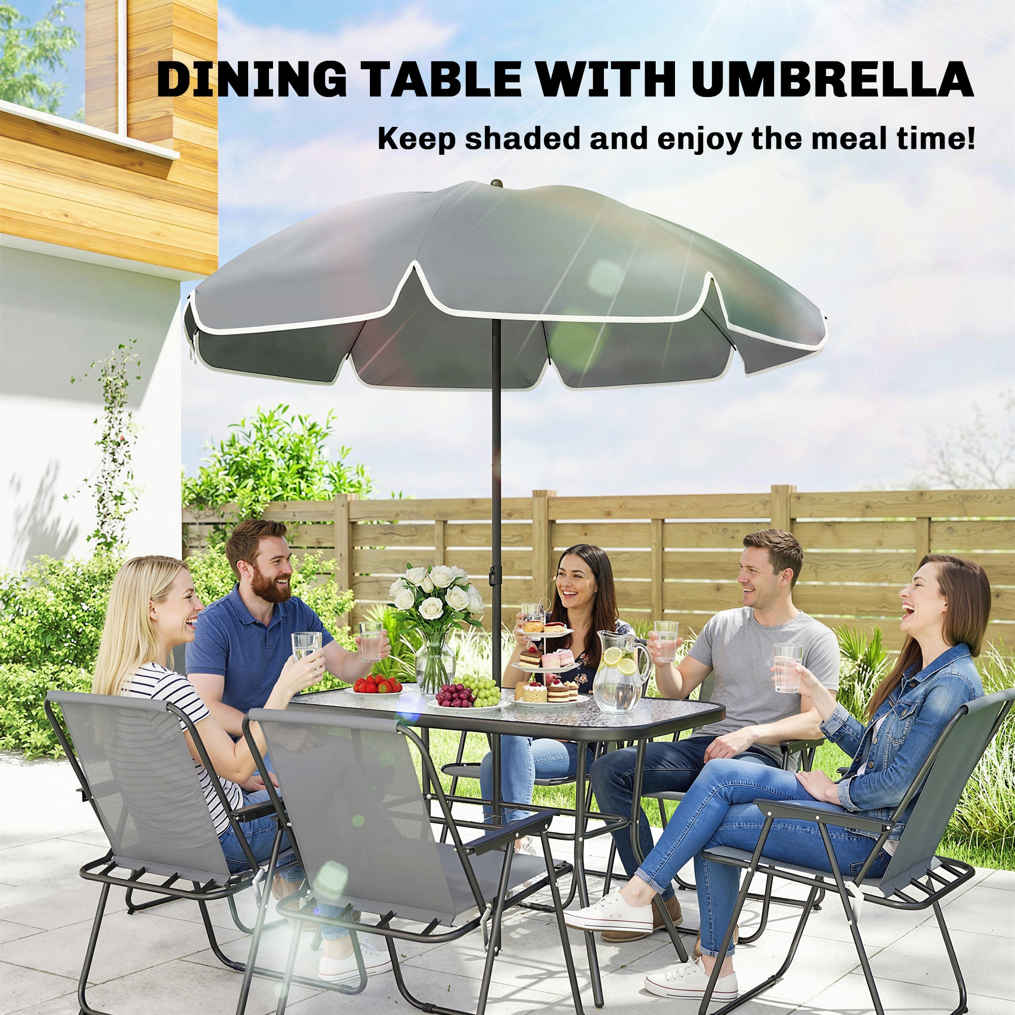 Outsunny 8 Piece Garden Dining Set with Umbrella, Garden Furniture Set with 6 Folding Chairs, Tempered Glass Table for Patio Grey 