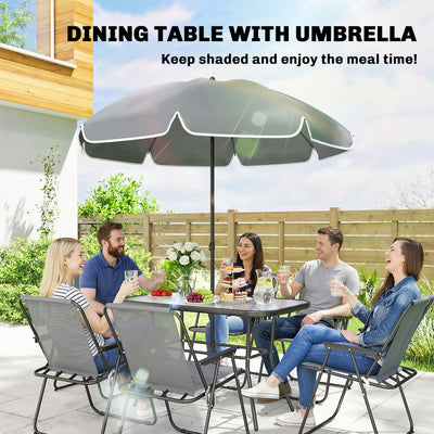 Outsunny 8 Piece Garden Dining Set with Umbrella, Garden Furniture Set with 6 Folding Chairs, Tempered Glass Table for Patio Grey 