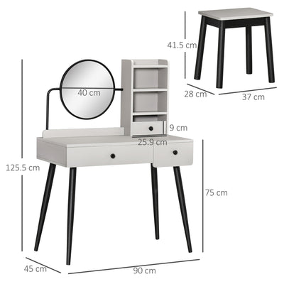 HOMCOM Dressing Table Set with Mirror and Stool, Vanity Makeup Table with 3 Drawers and Open Shelves for Bedroom, Living Room, Grey 
