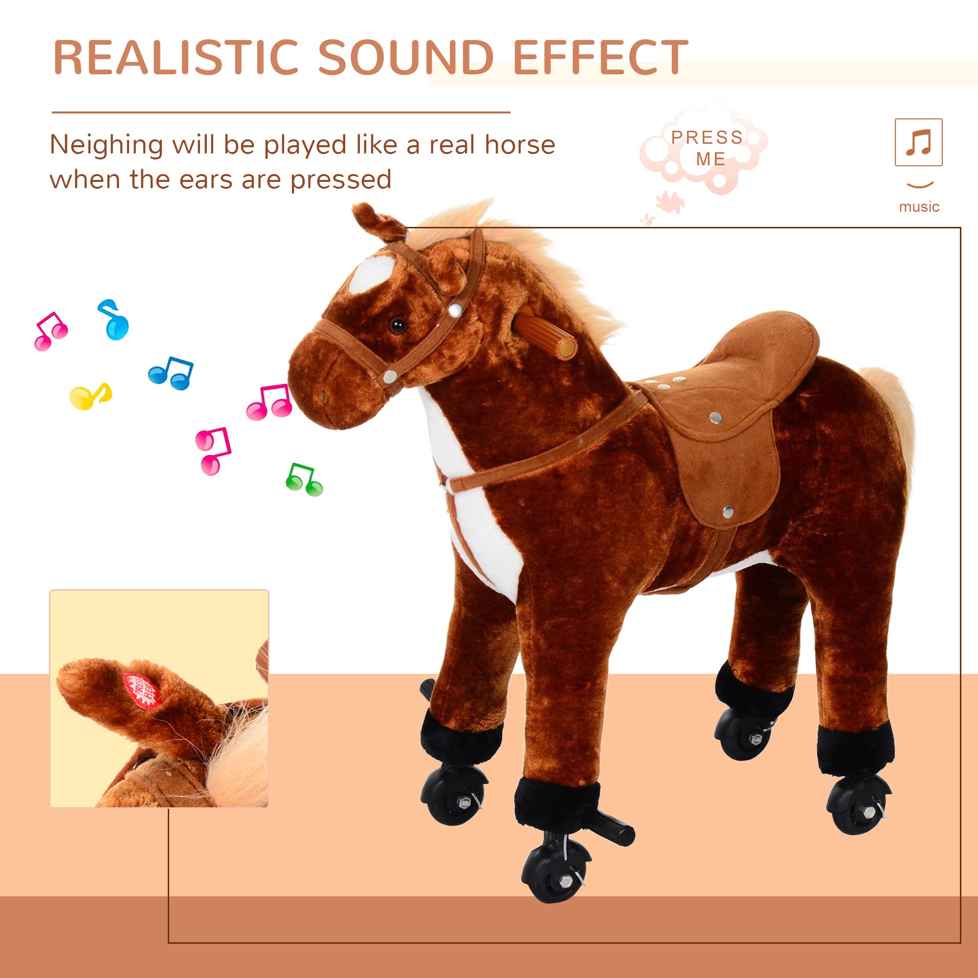 HOMCOM Plush Walking Horse Ride On Toy with Wheels and Realistic Sounds Rocking Horse for Girls Boys 3+ Years Old, 50cm Tall, Brown 