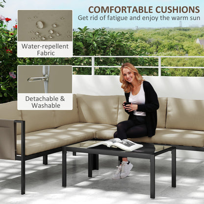 Outsunny 5 Seater Garden Corner Sofa Set, 4 Pieces Metal Garden Furniture Set with Loveseats, Glass Top Coffee Table, Breathable Mesh Pocket, Outdoor Conversation Furniture with Cushions, Khaki 