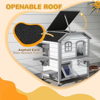 PawHut 2-Story Indoor or Outdoor Cat House W/ Escape Door, Cat Shelter, White 