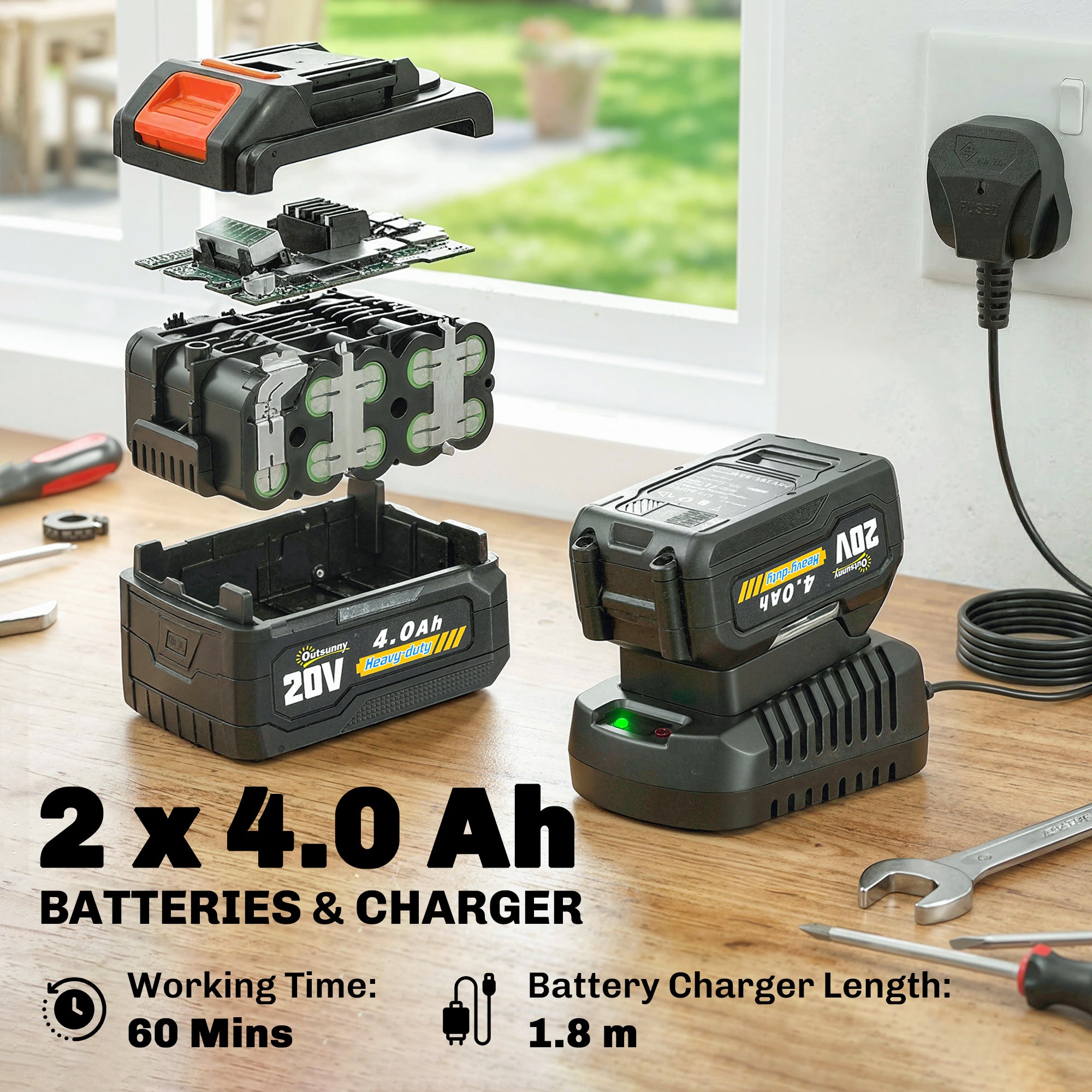 Outsunny 18V 8" Cordless Pole Chainsaw, 1.94m/2.56m Electric Chainsaw with 2 x 4.0Ah Batteries, Charger, Auto Lubrication 