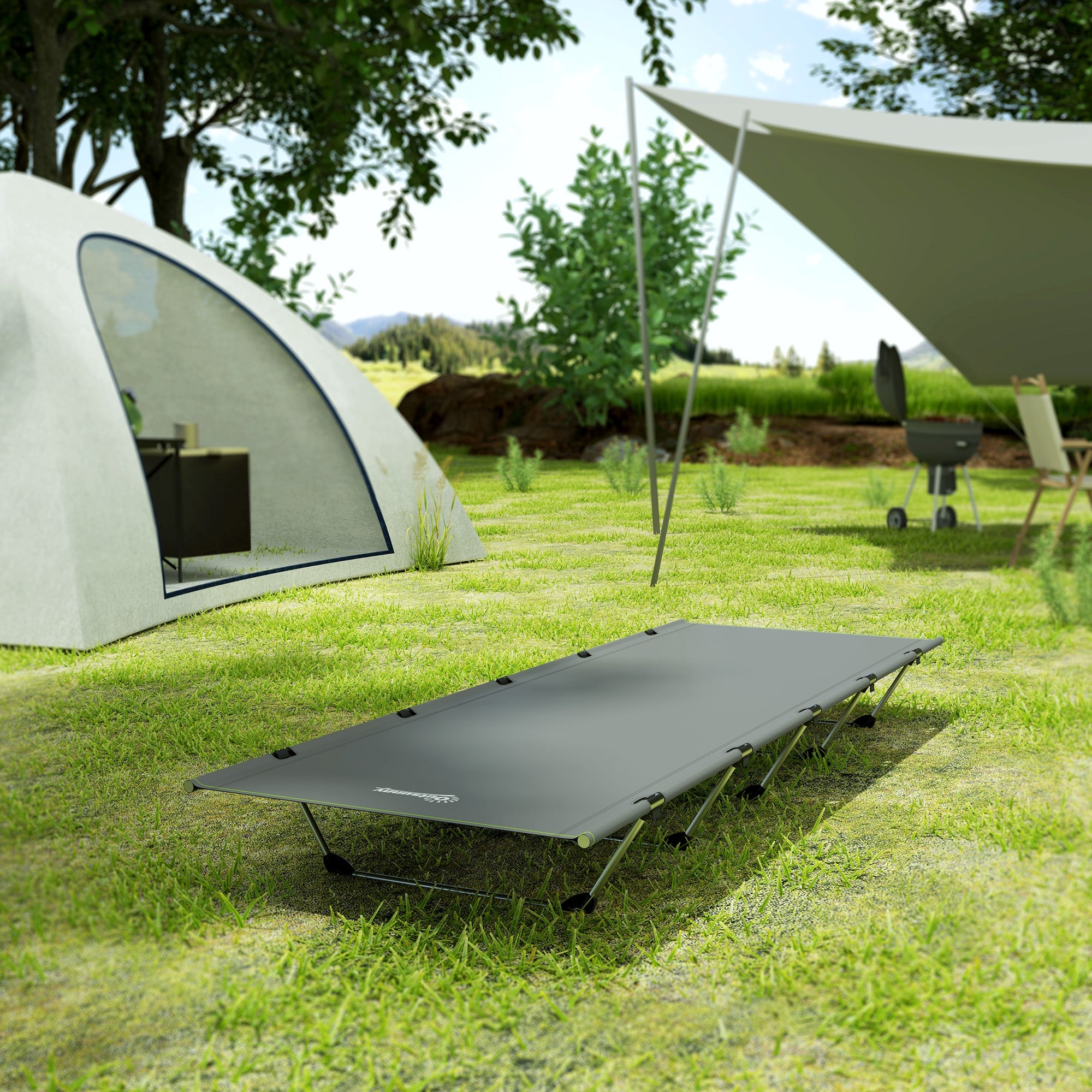 Outsunny Lightweight Camping Bed, Aluminium Portable Camp Cot w/ Strong Support 150kg and Carry Bag for Camping, Dark Grey 