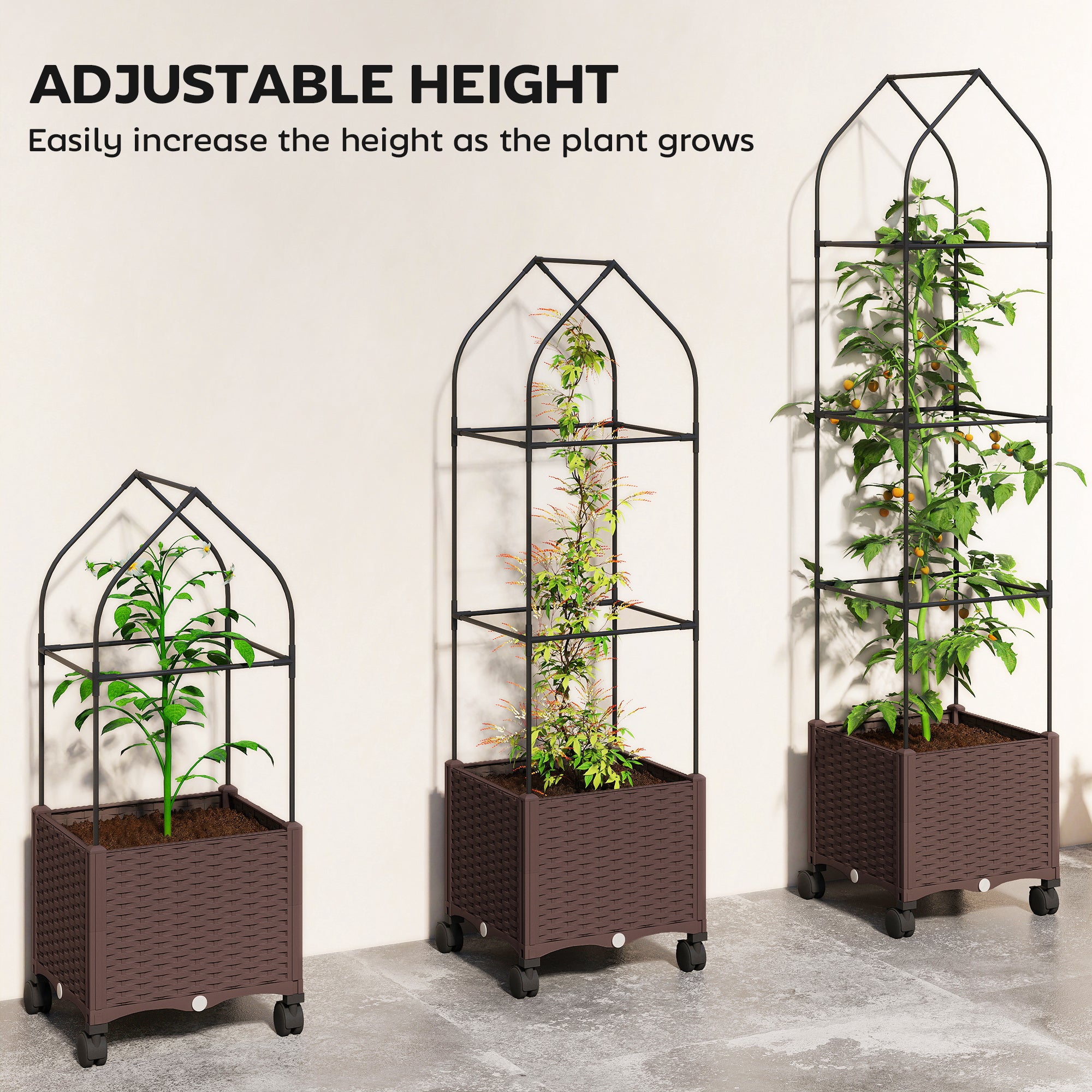 Outsunny Raised Garden Bed with Trellis, Tomato Cage with Lockable Wheels, Self Watering Planter Box with Drainage Holes, Brown 