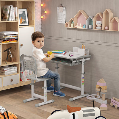 HOMCOM Kids Desk and Chair Set, Student Adjustable Writing Desk, with Drawer, Pen Slot, Hook - Grey 