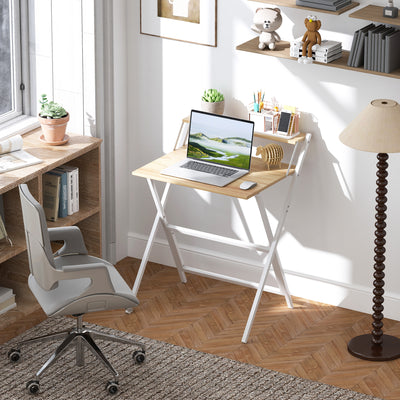 HOMCOM 70 cm Folding Computer Desk with Monitor Shelf - Natural Wood Finish 