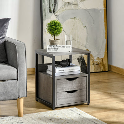 HOMCOM Industrial Side Table with Drawer, Sofa Table, Bedside Cabinet with Storage Shelf, Slim Nightstand for Living Room, Bedroom, Grey 
