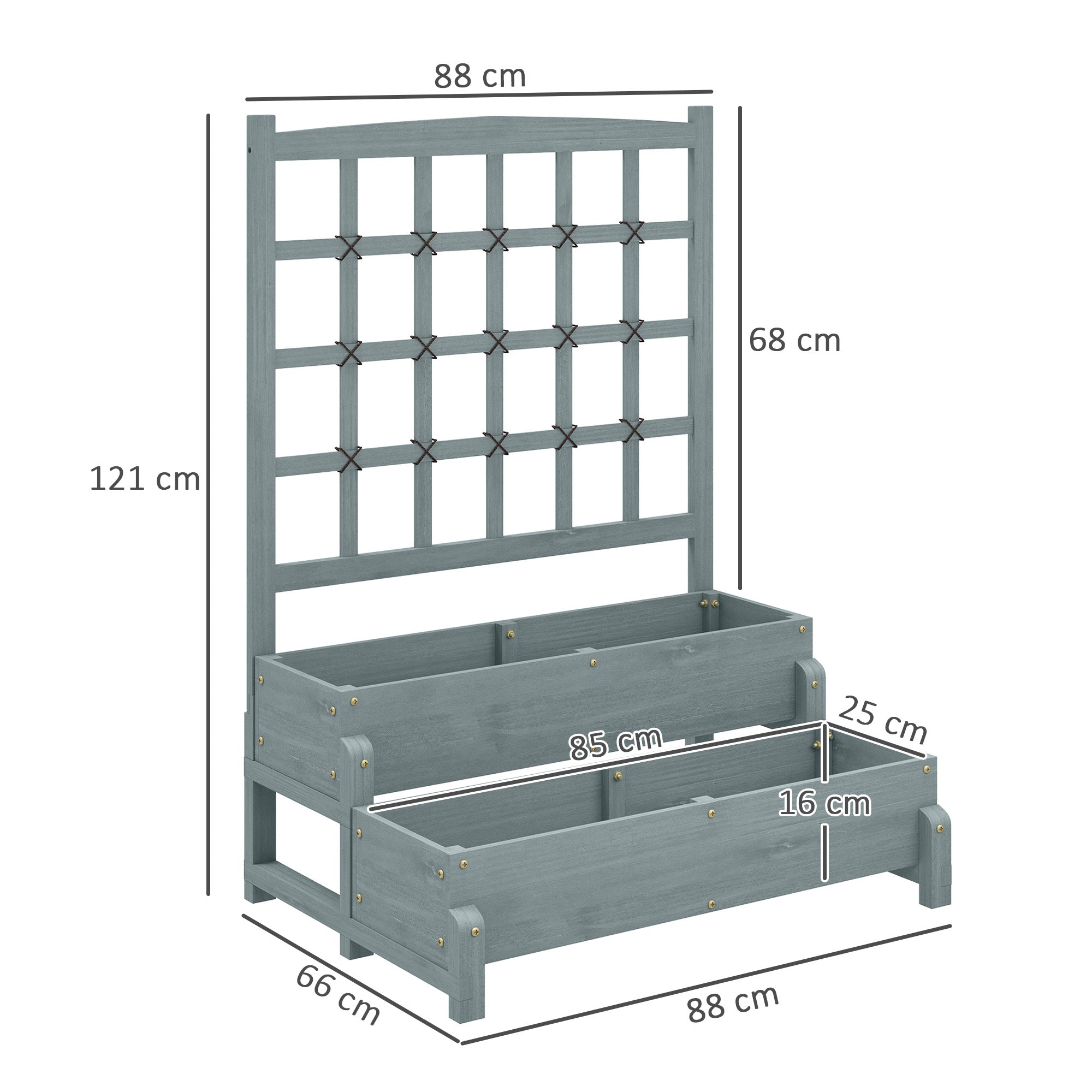 Outsunny 2-Tier Raised Garden Bed with Trellis, Wooden Elevated Planter Box with Drainage Holes, Outdoor Raised Planter for Climbing Plants, Fruits, Vegetables, Flowers, Grey 