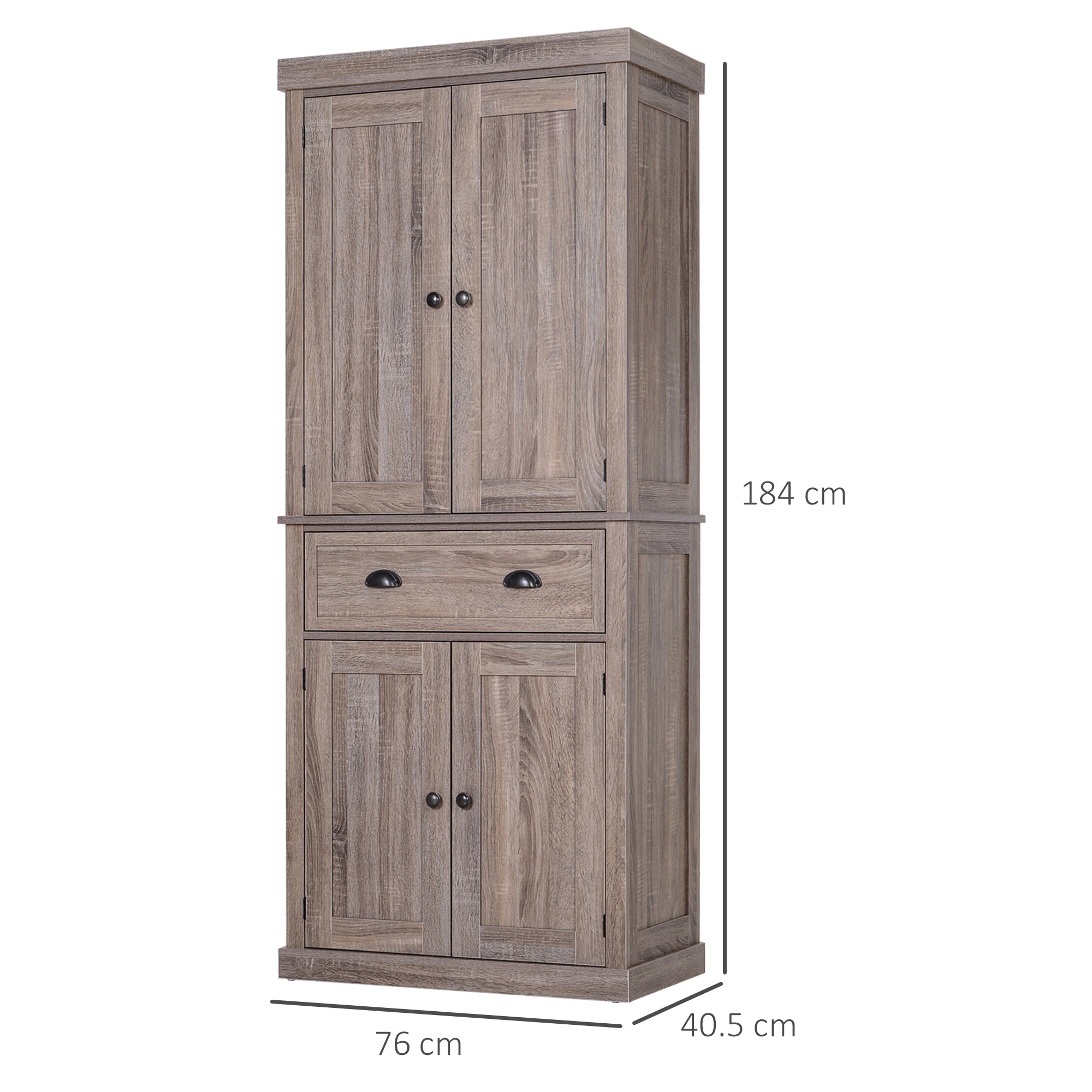 HOMCOM Freestanding Kitchen Cupboard, 184cm Tall Storage Cabinet with Doors and Shelves, Traditional Colonial 4-Door Kitchen Pantry Cupboard with Drawer, Dark Wood Grain 