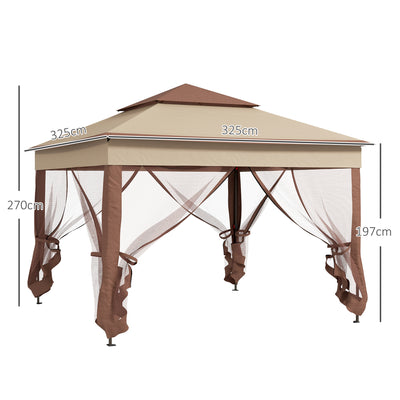 Outsunny 3 x 3(m) Pop Up Gazebo, Double-roof Garden Tent with Netting and Carry Bag, Party Event Shelter for Outdoor Patio, Khaki 