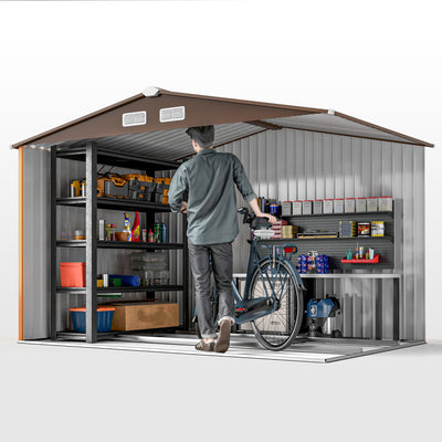 Outsunny 9 x 6ft Metal Garden Shed, Outdoor Storage Tool House with Ventilation Slots, Foundation Kit and Lockable Double Doors, Light Brown 
