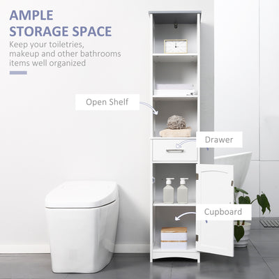 kleankin Tall Bathroom Storage Cabinet with 3 Tier Shelf, Cupboard, Drawer, Door, Freestanding Linen Tower, Slim Side Organizer, White 