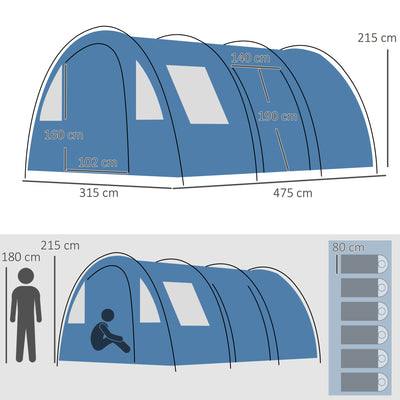 Outsunny 5-6 Man Tunnel Tent, Two Room Camping Tent with Floor, 2 Doors and Carry Bag, 2000mm Water Column for Fishing, Hiking, Sports, Festival 