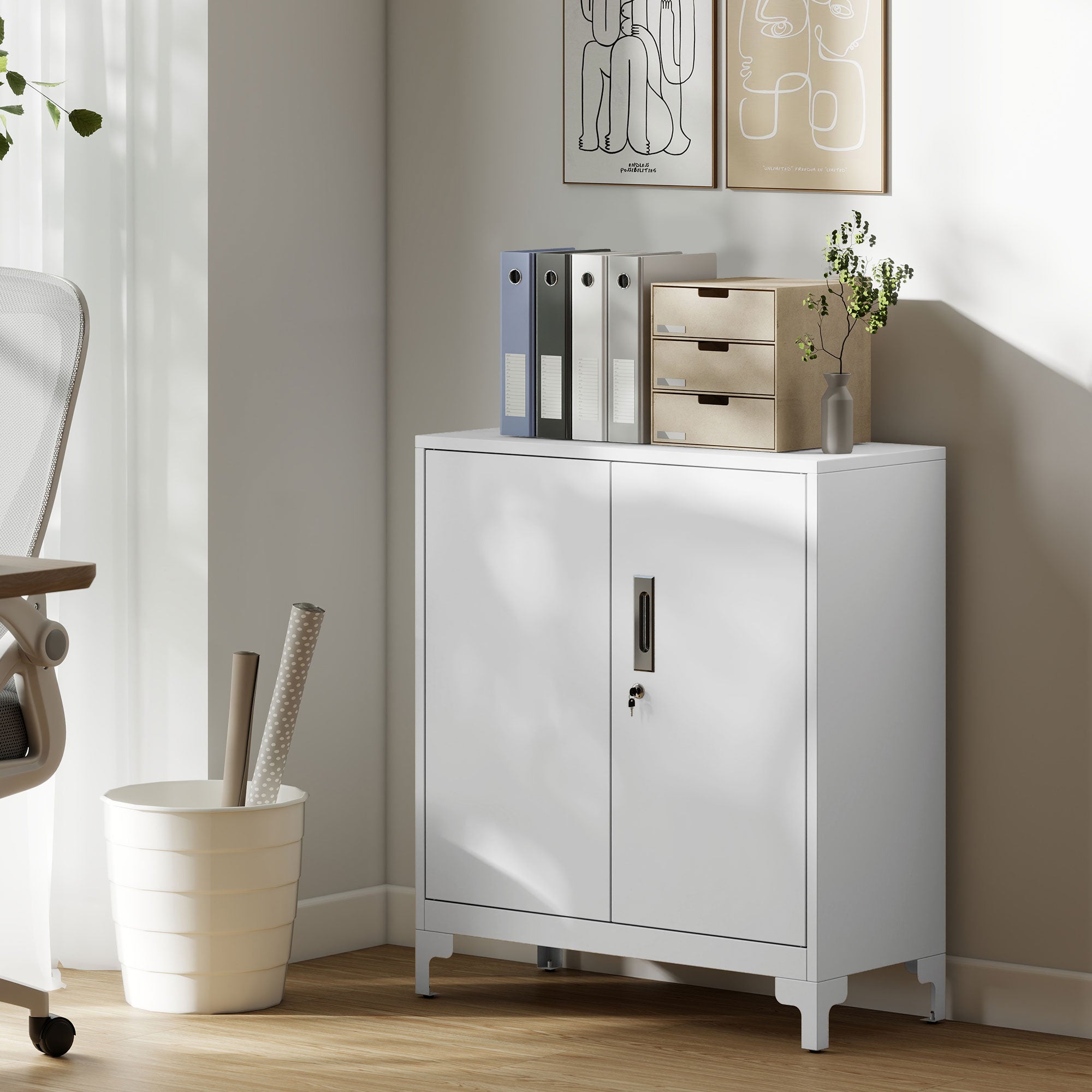 HOMCOM Lockable Metal Filing Cabinet, 2-Tier Storage Cupboard with Double Doors, Modern Office Organiser, White 