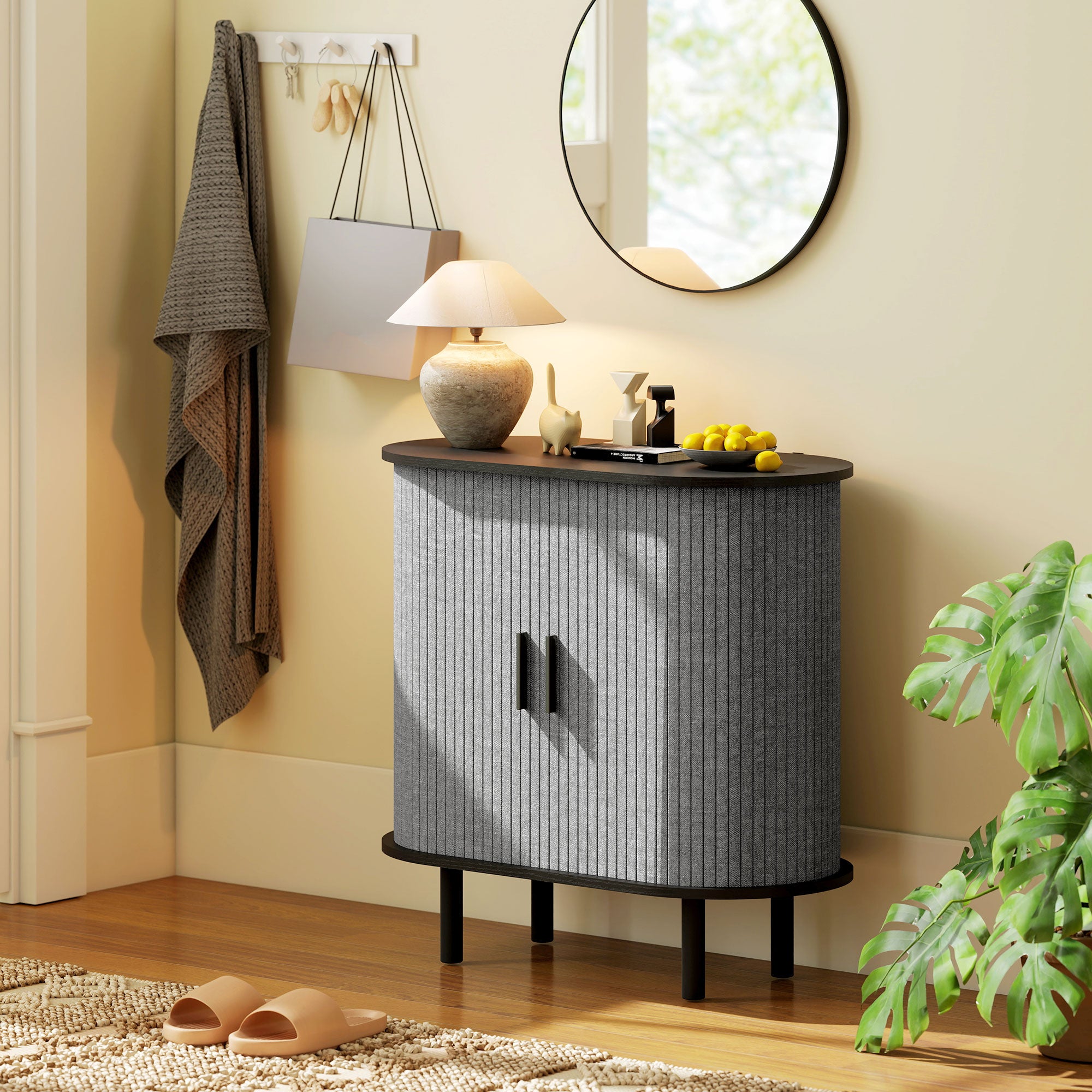 HOMCOM Tambour Sideboard with Fluted Sliding Doors, Modern Kitchen Cupboard with Storage Shelves and Wooden Legs, Grey 