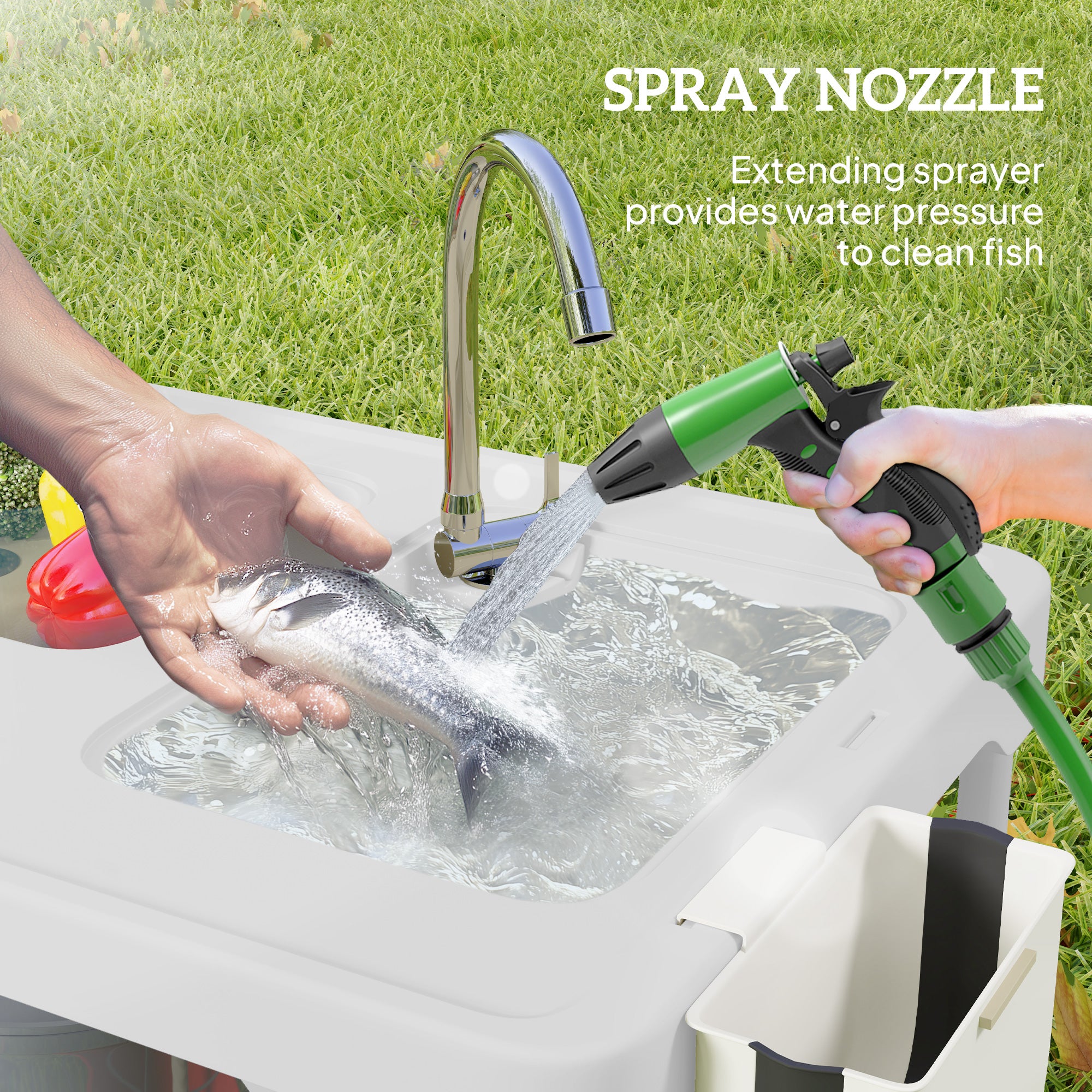 Outsunny Folding Fish Cleaning Table with Sinks, Portable Camping Sink Table with Faucet, Drainage Hose 