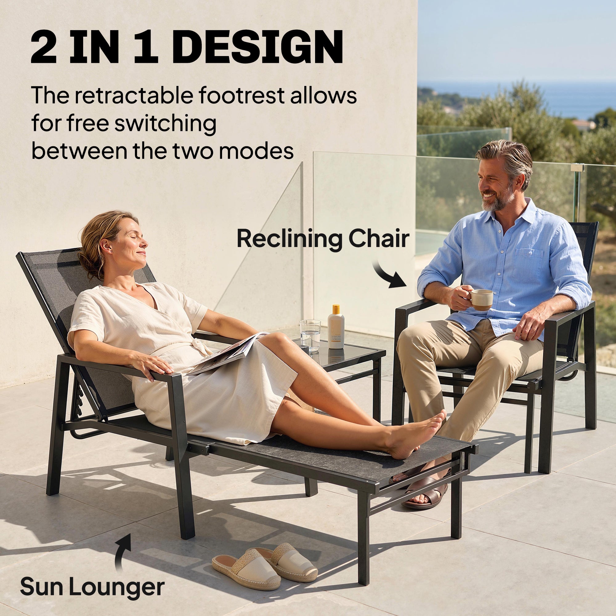 Outsunny Sun Lounger Retractable Footrest 5-Position Adjustable Steel Frame for Beach, Porch, Patio, Camping, Black 