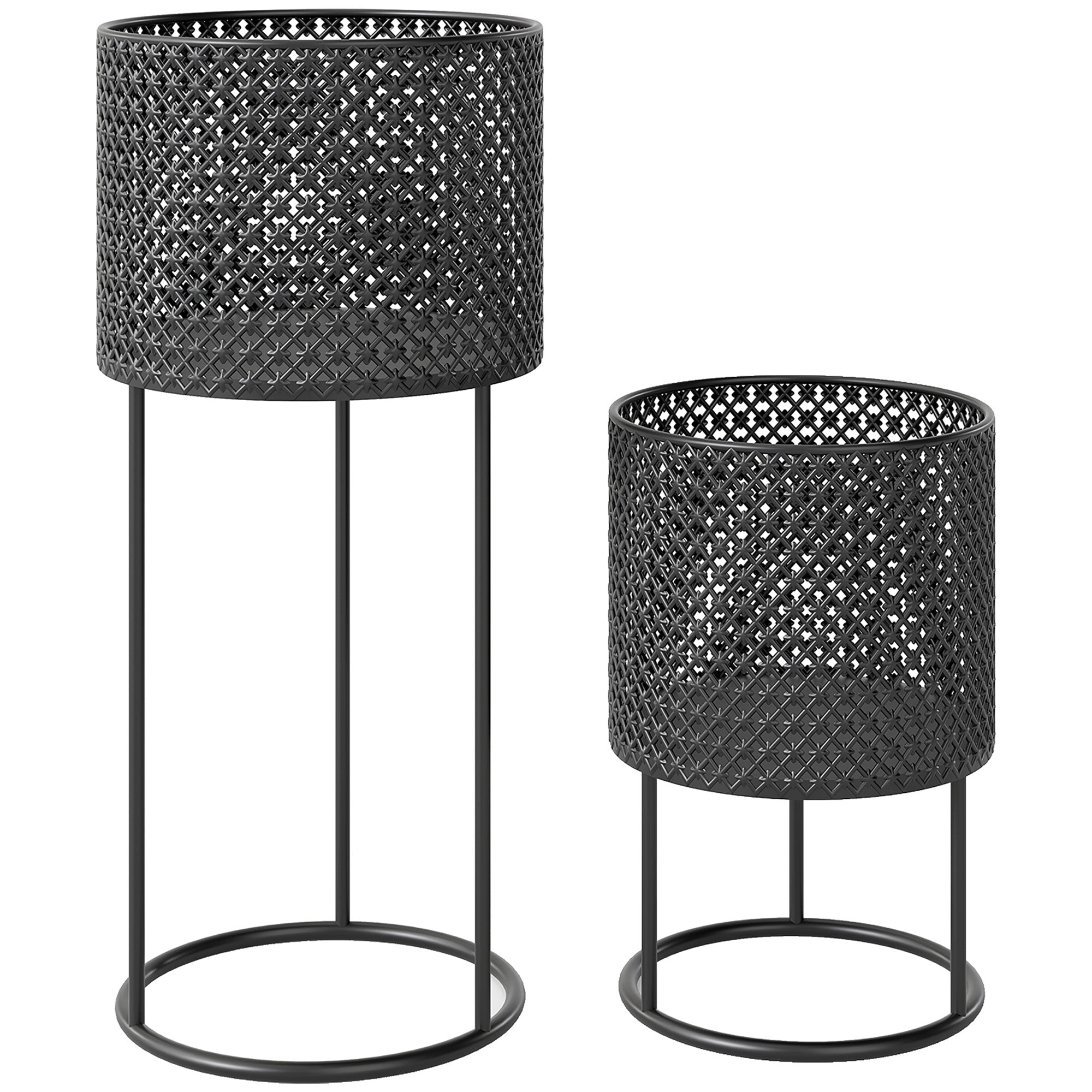 Outsunny Metal Plant Pots Set of 2 with Hollow Design Flower Planters for Garden Balcony Black 