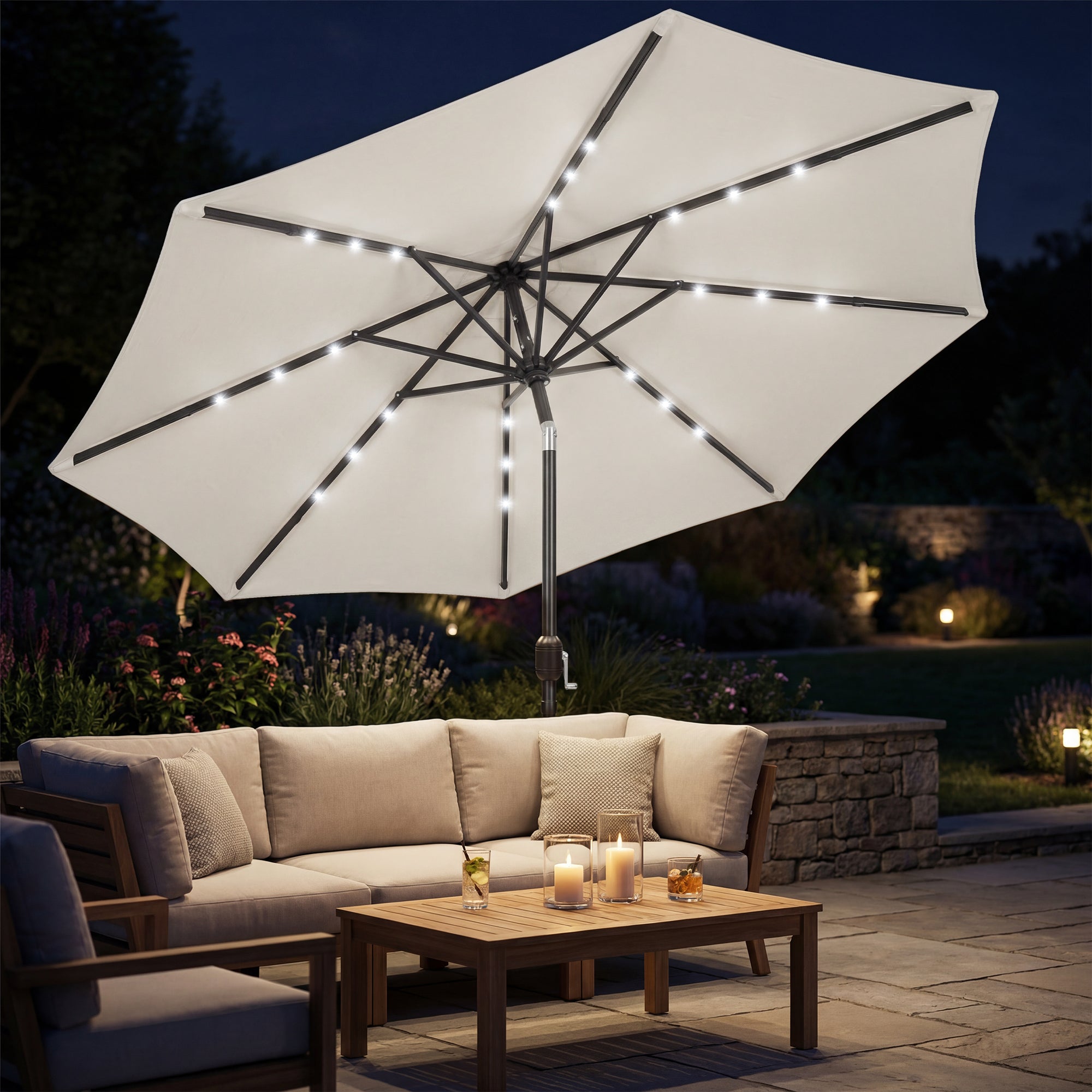 Outsunny 2.6 m Garden Parasol Umbrella with LED Solar Light, Parasol Cover, Outdoor Market Patio Umbrella, Cream White 