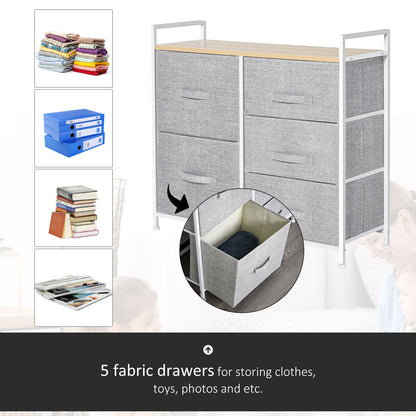 HOMCOM 5 Drawer Linen Basket Storage Unit Home Organisation w/ Shelf Handles Metal Frame Adjustable Feet Hallway Home Dresser Grey 