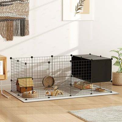 PawHut DIY Small Animal Cage with Elevated Huts, C&C Cage for Guinea Pigs, Hedgehogs, Rabbits, 31 Panels, Black 