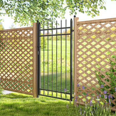 Outsunny Galvanised Steel Garden Gate, Outdoor Fence Gate Security Barrier with Lock, Keys and Handle, Outdoor Entrance Way Door with Classic Finials, 105 x 204 cm, Black 