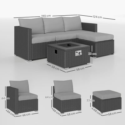 Outsunny Five Piece Rattan Garden Furniture Set with Gas Fire Pit Table and Footstool - Grey 