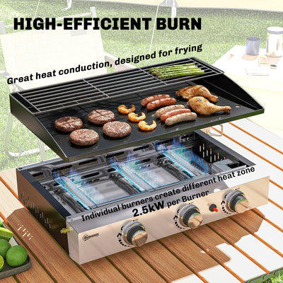 Outsunny 3 Burner Grill Griddle, Portable Gas Plancha with Warming Rack, 7.5 kW, Tabletop Gas BBQ with Grease Cup, Black 