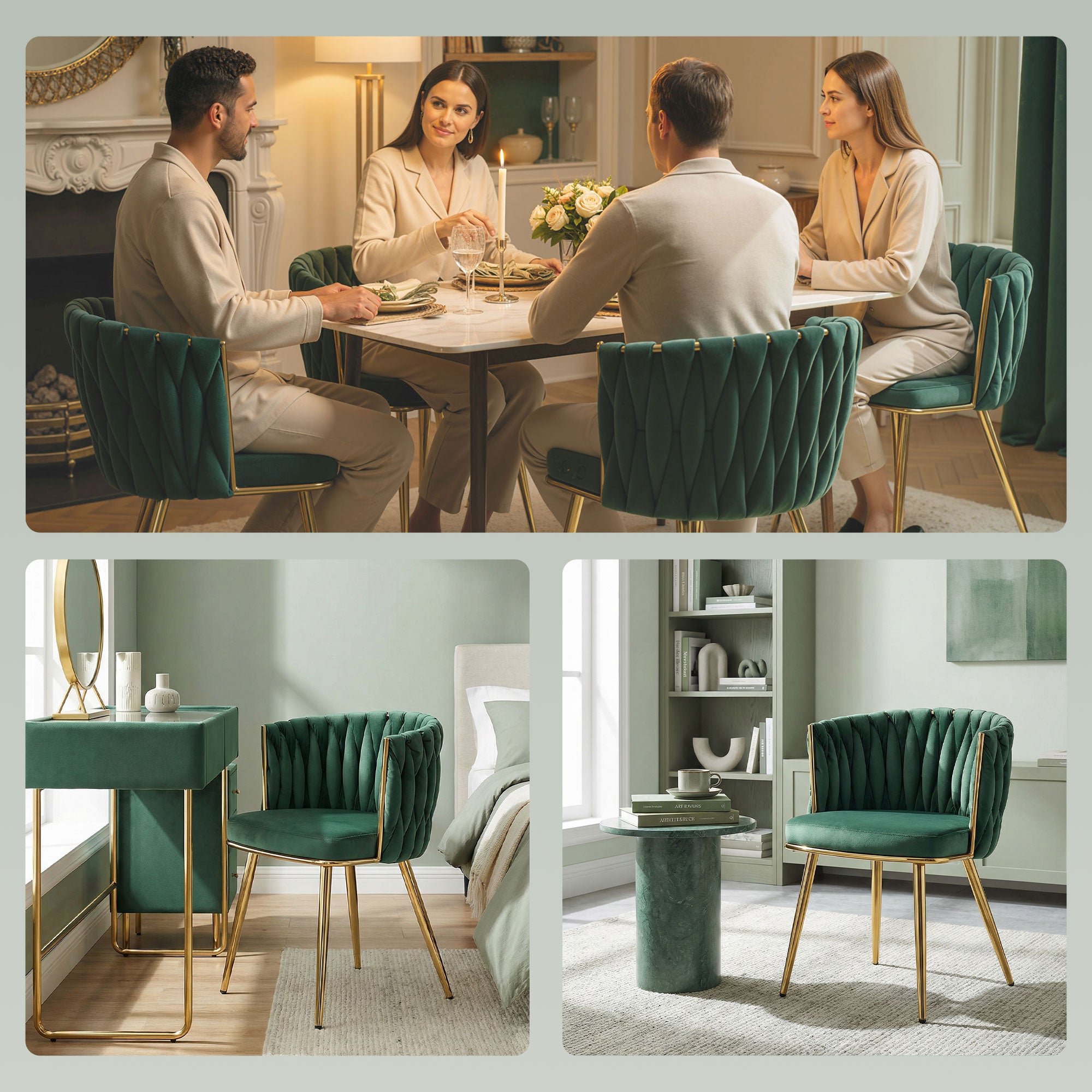HOMCOM Velvet-Feel Dining Chairs Set of 2, Modern Upholstered Armchair with Knot Design and Golden Metal Legs, Accent Chair for Dining Room, Bedroom, Kitchen, Living Room, Dark Green 