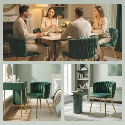 HOMCOM Velvet-Feel Dining Chairs Set of 2, Modern Upholstered Armchair with Knot Design and Golden Metal Legs, Accent Chair for Dining Room, Bedroom, Kitchen, Living Room, Dark Green 