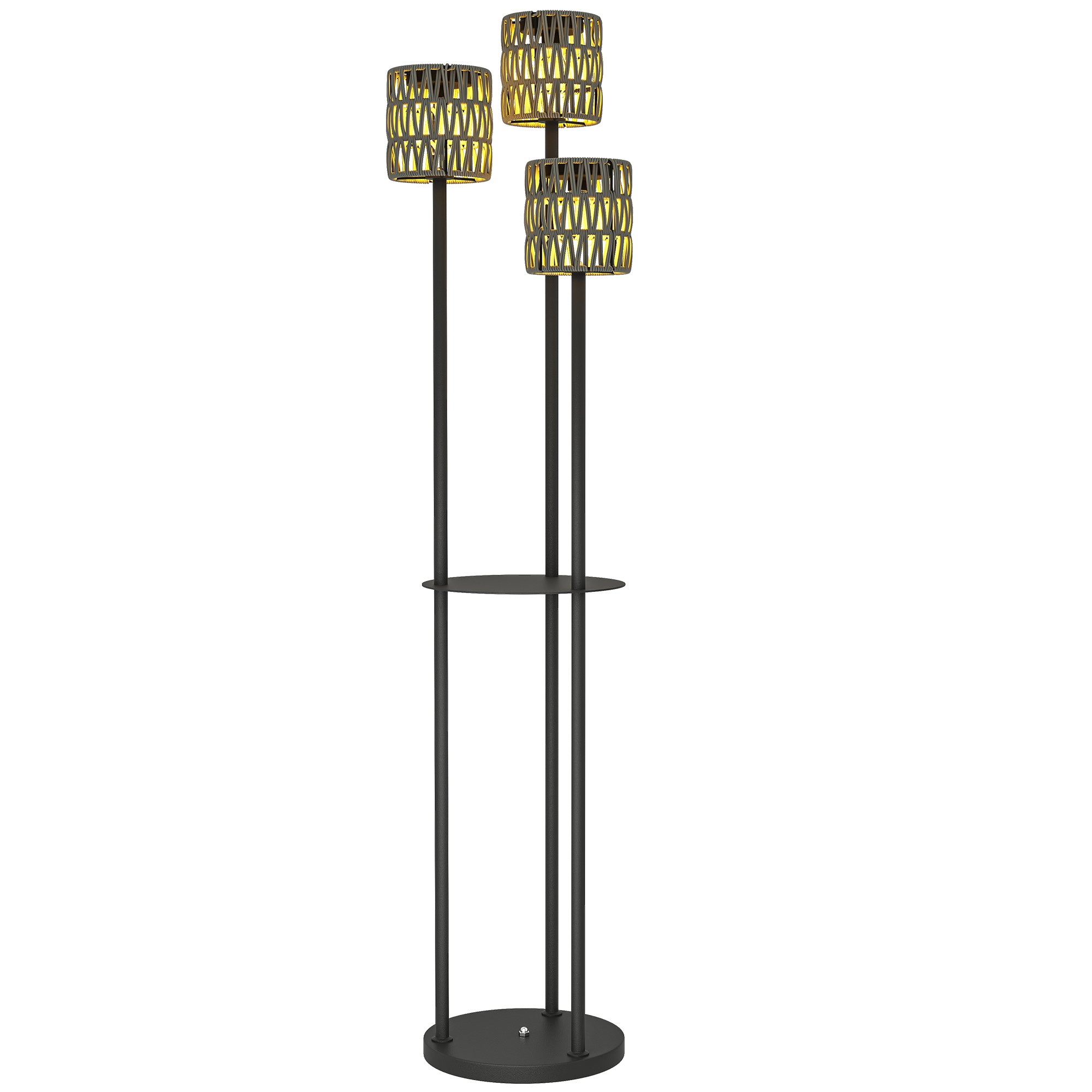 Outsunny Boho Rattan Floor Lamp, 3-Lights Rattan Lamp with Shelf, Freestanding Solar Garden Light with Auto On/Off Lights, Grey 