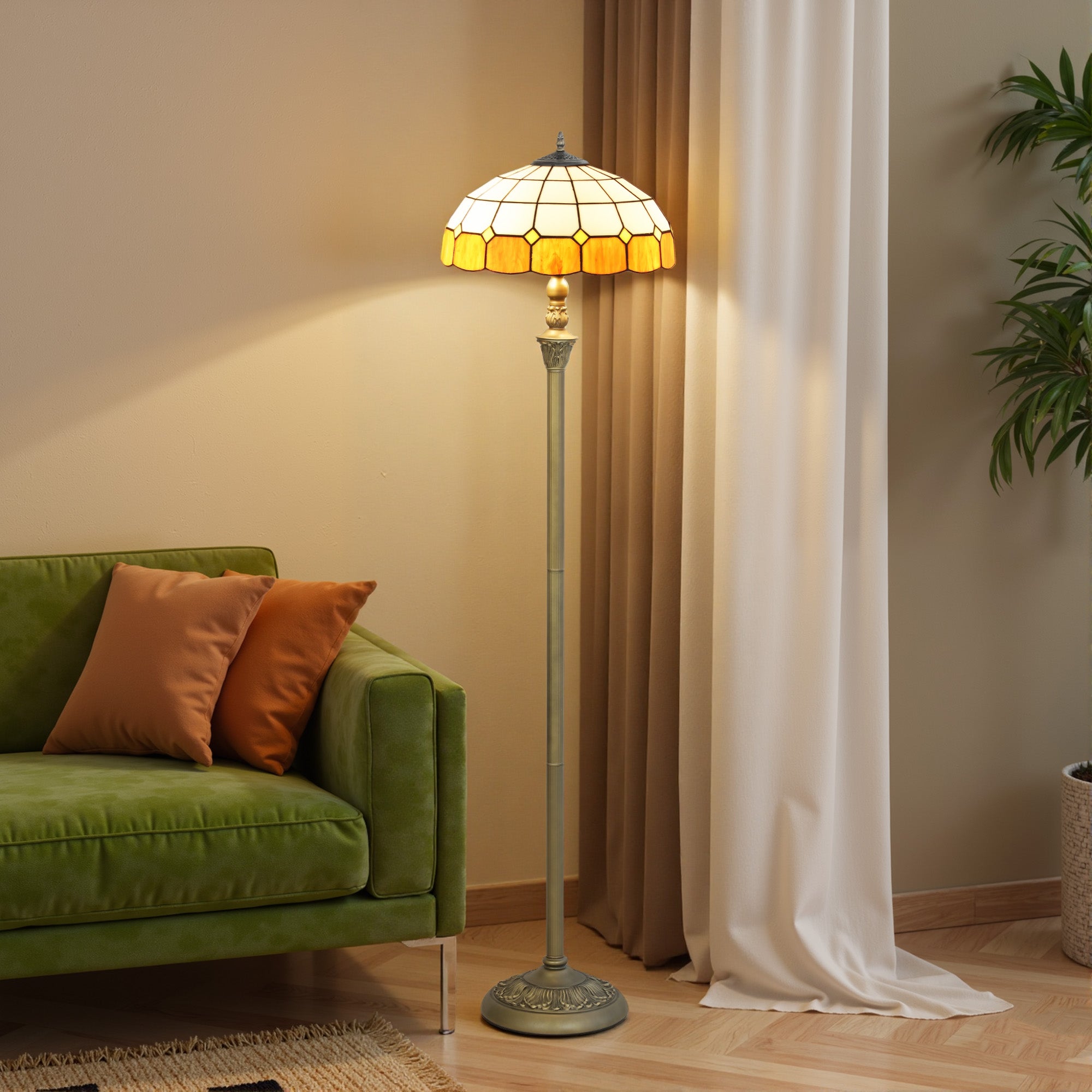HOMCOM Tiffany-Style Floor Lamp with Handcrafted Stained Glass Shade, 152cm Tall Vintage Standing Lamp with Foot Switch and Dual Sockets for Living Room Bedroom, Bronze Tone and Orange 