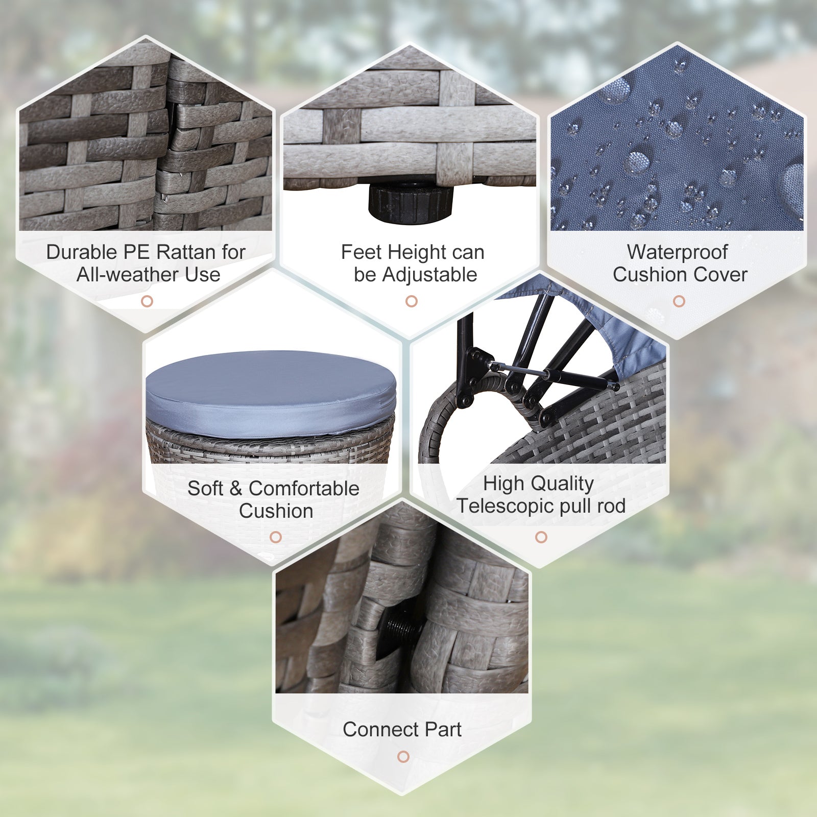 Outsunny PE Rattan Lounge Set, 5 Pieces Patio Conversation Furniture Set, Garden Round Sofa Bed with Cushion and Retractable Canopy, Grey 