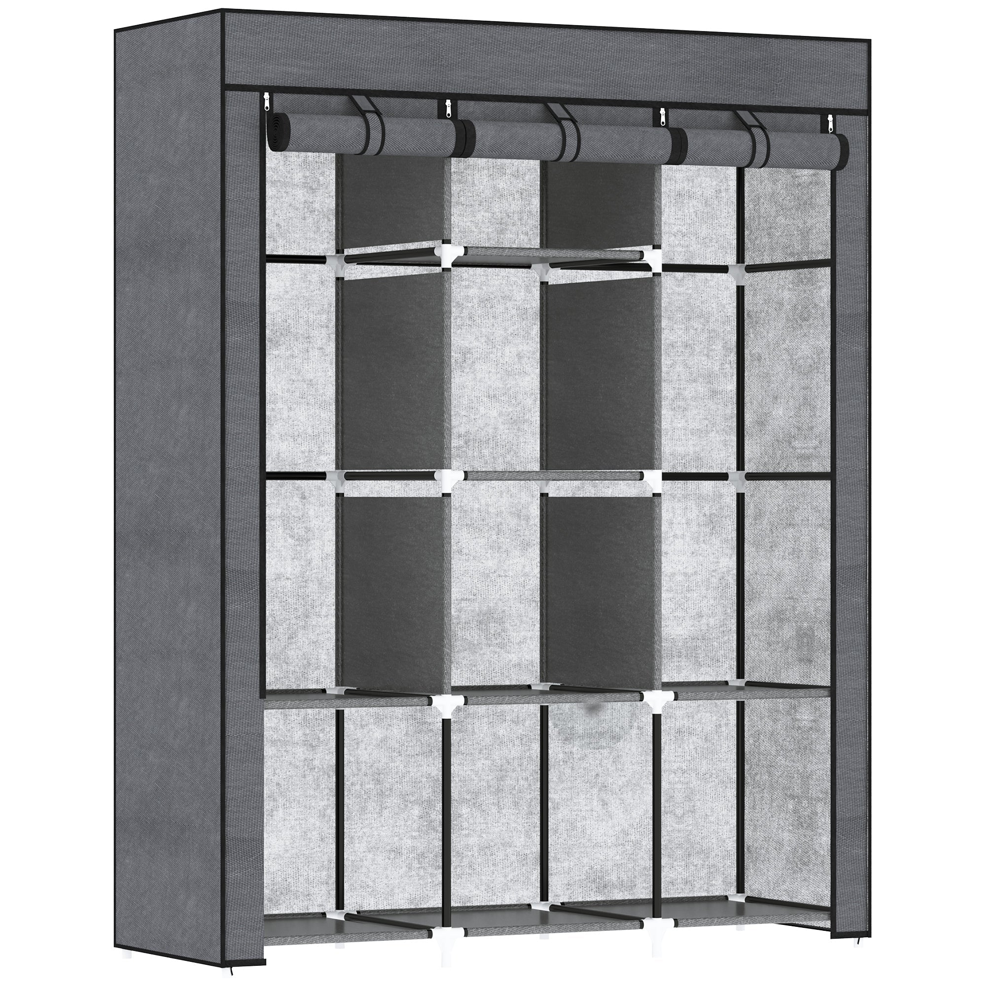 HOMCOM Fabric Wardrobe, Portable Wardrobe, Clothes Storage Unit with 8 Shelves, 2 Hanging Rods, 125 x 43 x 162.5 cm, Dark Grey 