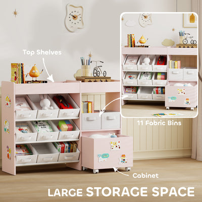AIYAPLAY Kids Toy Storage Unit with 11 Bins, Cabinet, Top Shelves, 3 Stickers, for Nursery, Playroom, Pink 