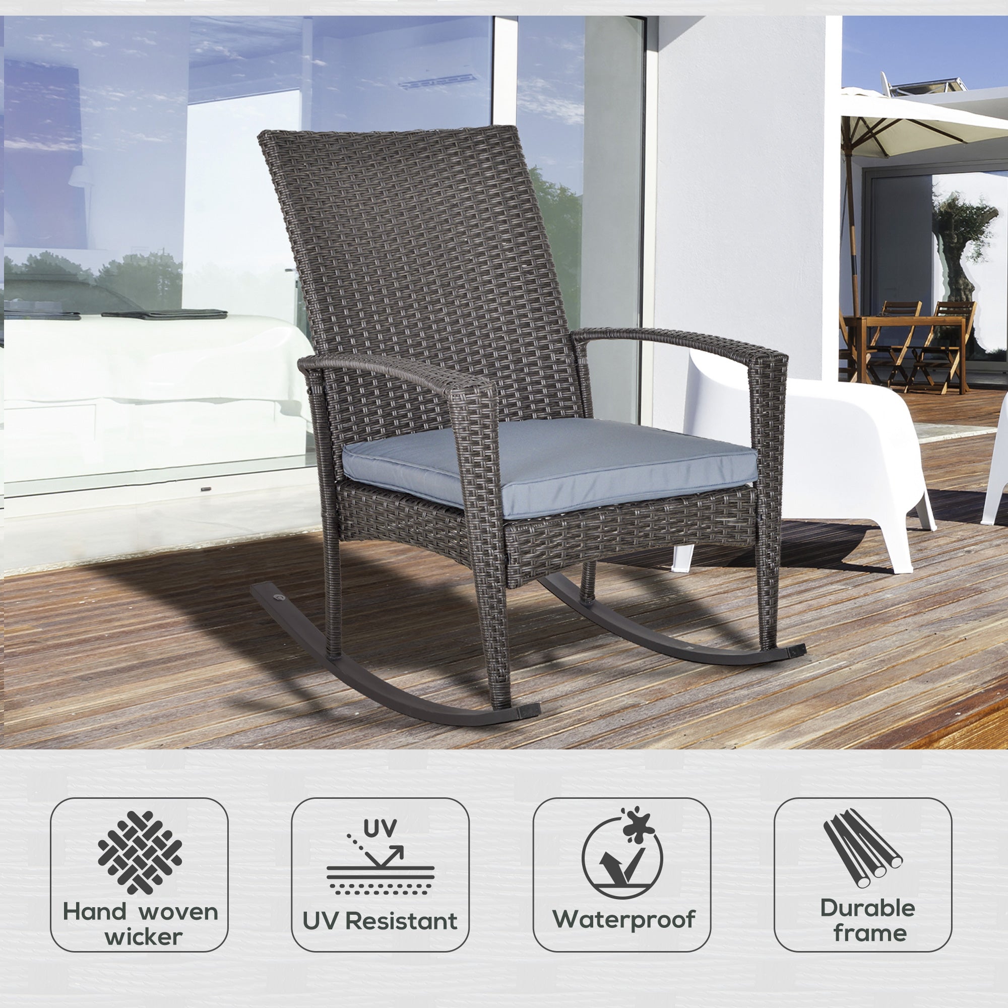Outsunny Outdoor PE Rattan Rocking Chair, Garden Rocking Chair Set with Armrest and Cushion, Grey 