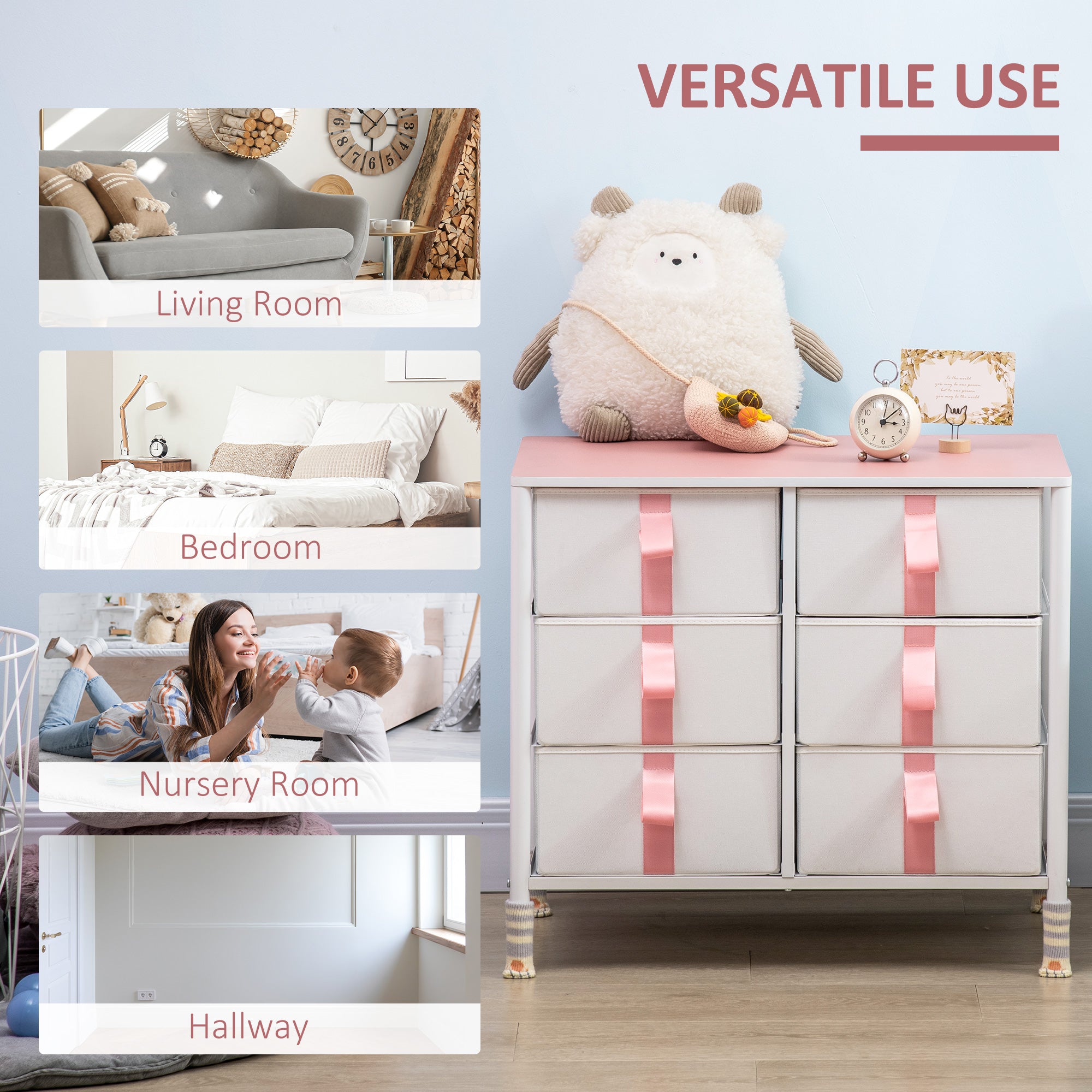 HOMCOM Chest of Drawers, Cloth Organizer Unit with 6 Fabric Drawers, Metal Frame and Wooden Top, Storage Cabinet for Kids Room, Living Room, Closet, Hallway, Pink 
