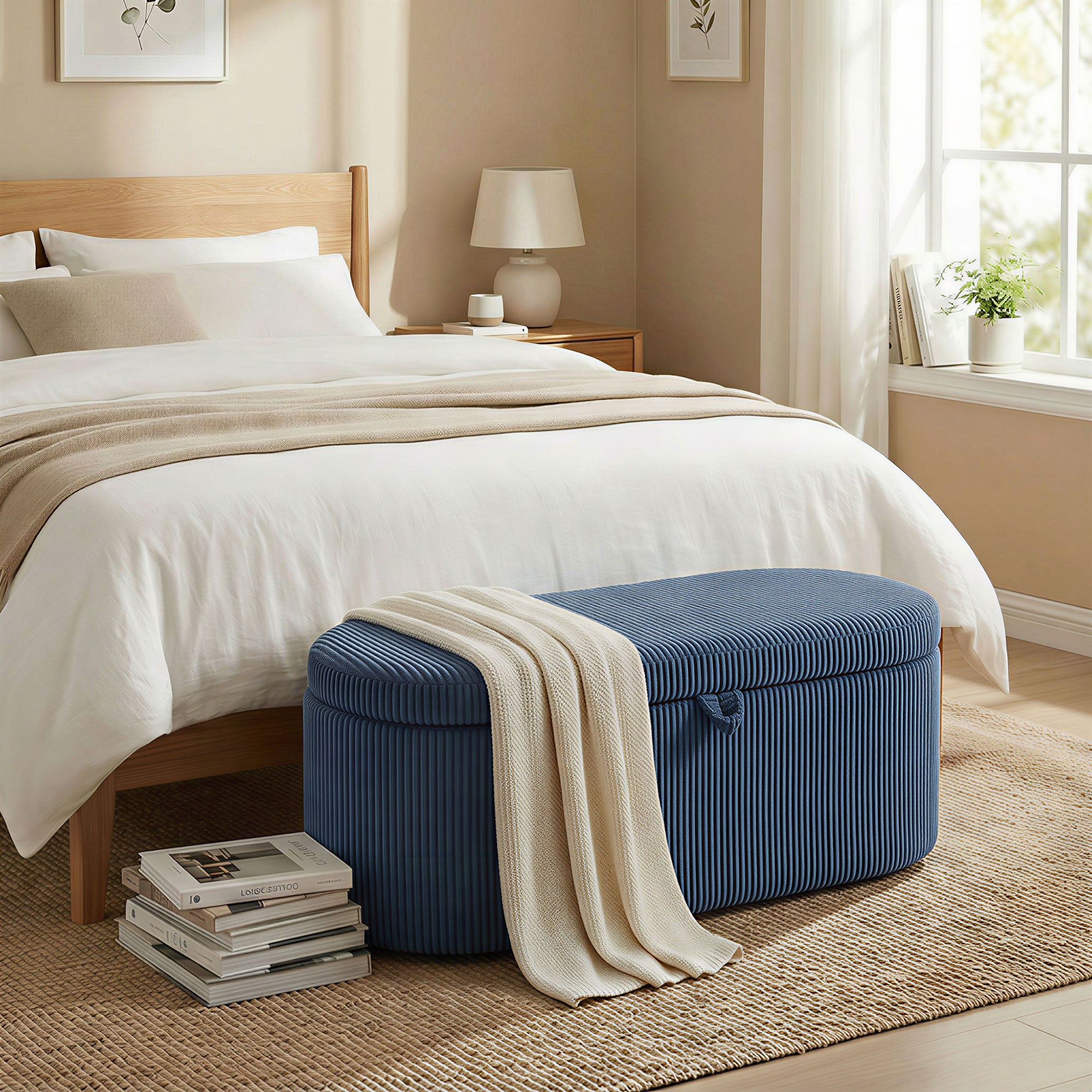 HOMCOM Storage Ottoman, Corduroy Upholstered Ottoman Storage Box with Padded Seat, 105 x 51 x 49 cm, Blue 