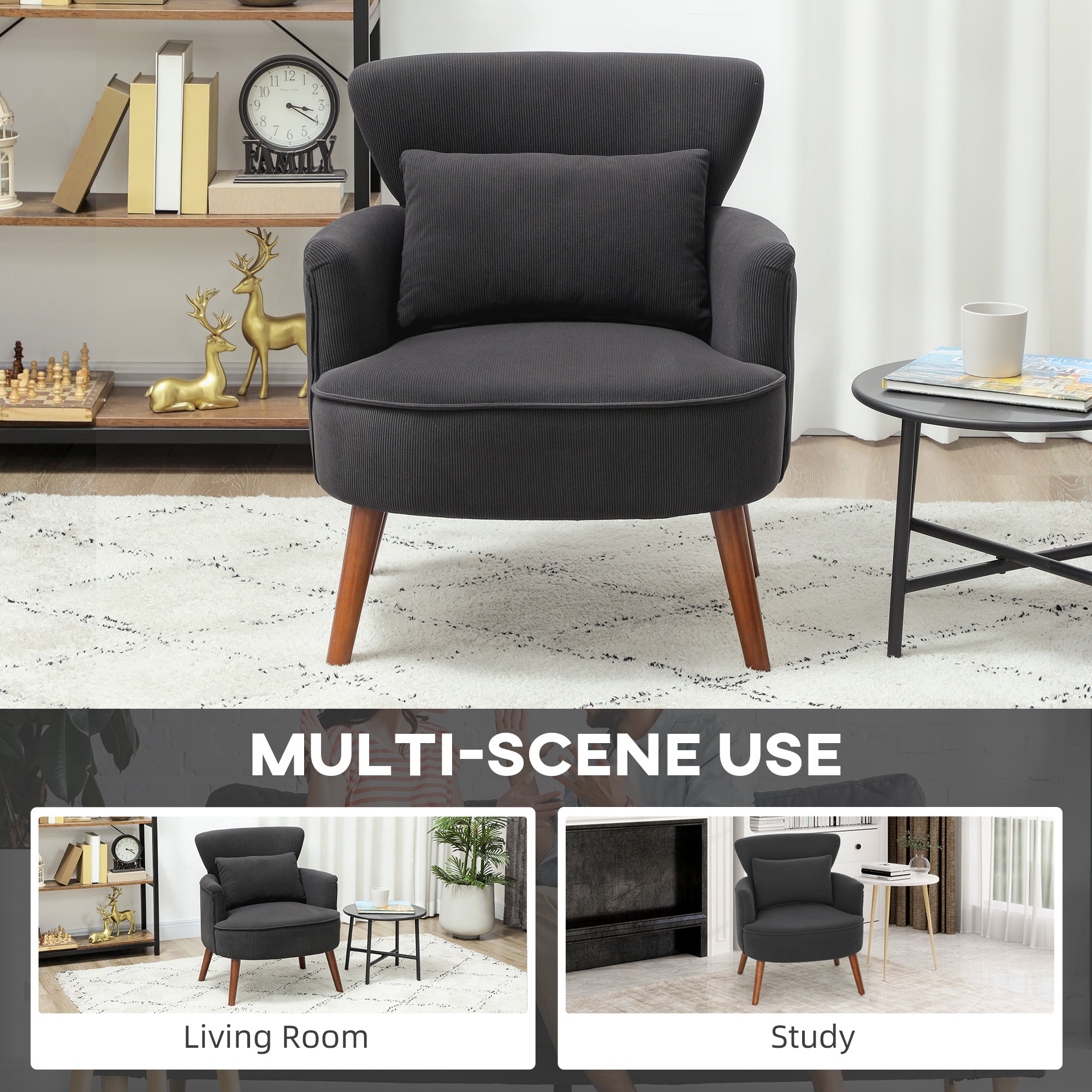 HOMCOM Corduroy Retro Accent Chair - Black 